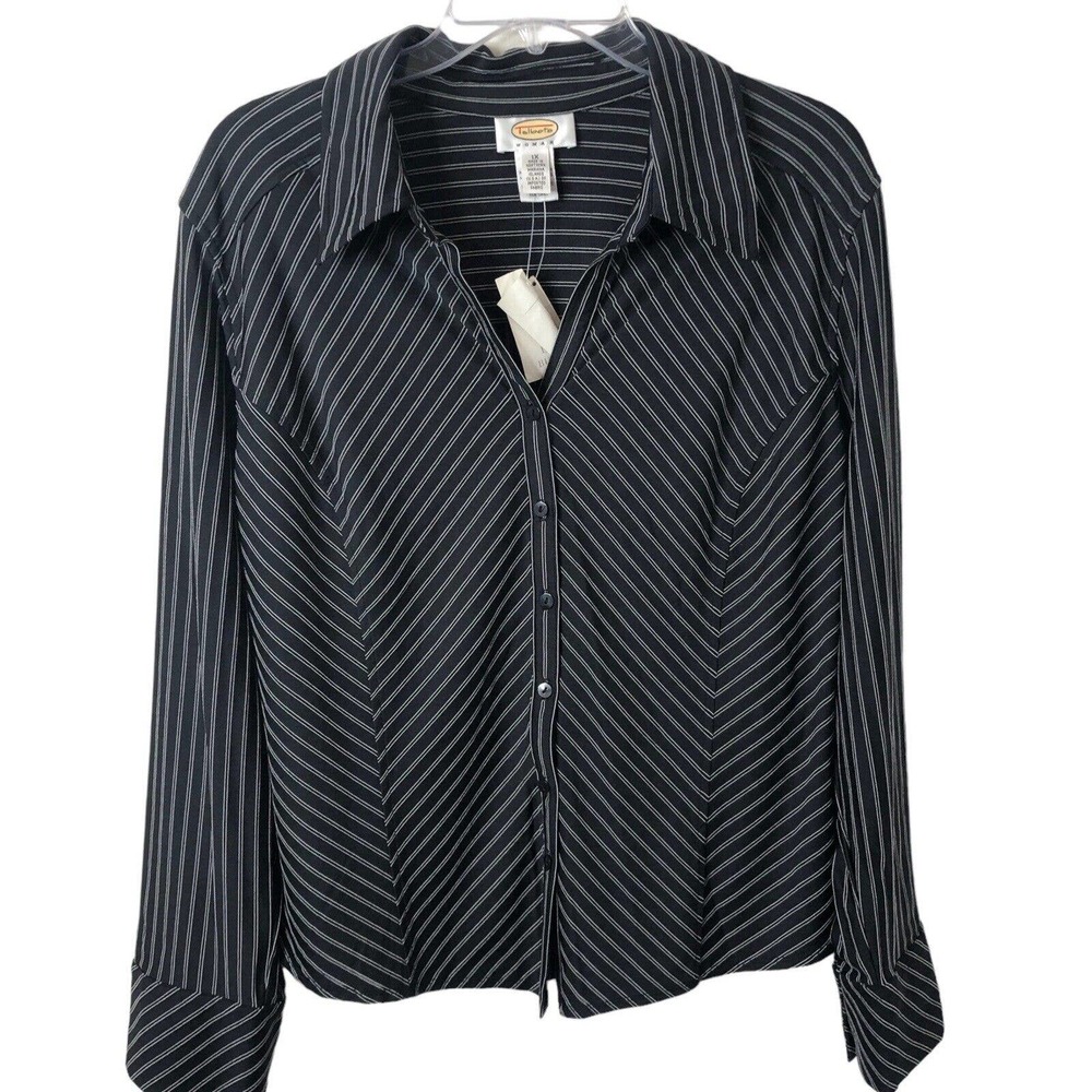 Talbots NWT Women's Black White Striped Button Up V-Neck Stretchy Blouse Size 1X
